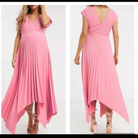 ASOS Maternity Dresses & Skirts - ASOS Maternity Pink Pleated Midi Asymmetrical Dress V Neck Short Sleeves Size 2
